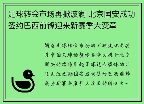 足球转会市场再掀波澜 北京国安成功签约巴西前锋迎来新赛季大变革