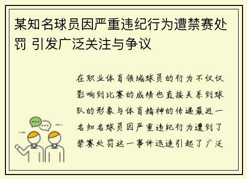 某知名球员因严重违纪行为遭禁赛处罚 引发广泛关注与争议